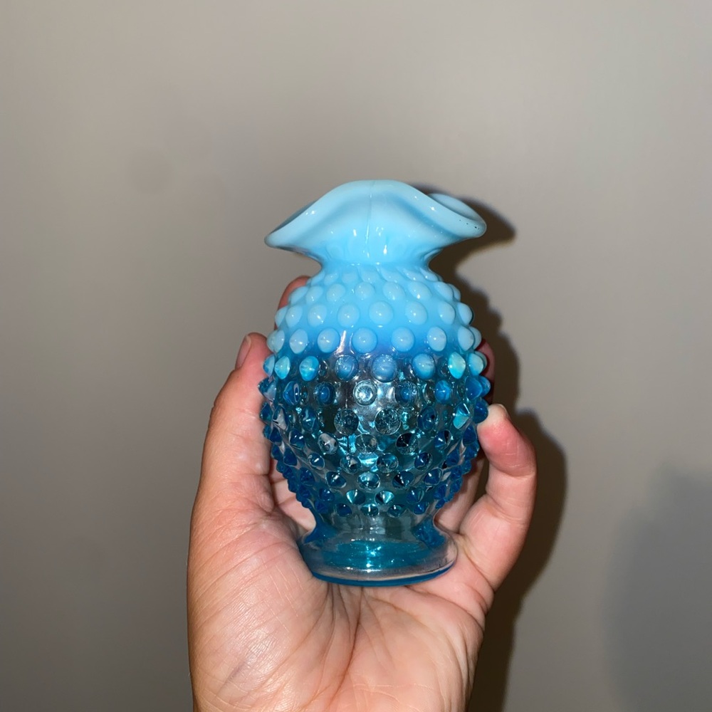 Fenton Blue Opalescent Hobnail Glass Vase - Picture 2 of 4
